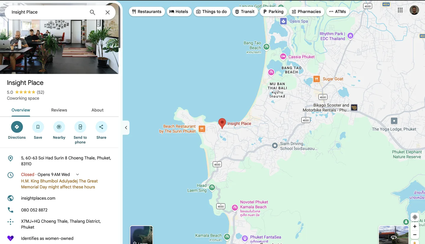 Insight Place в Google Maps: рейтинг 5.0, 52 отзыва, адрес в Чоенг Тхале и точка на карте рядом с Банг Тао