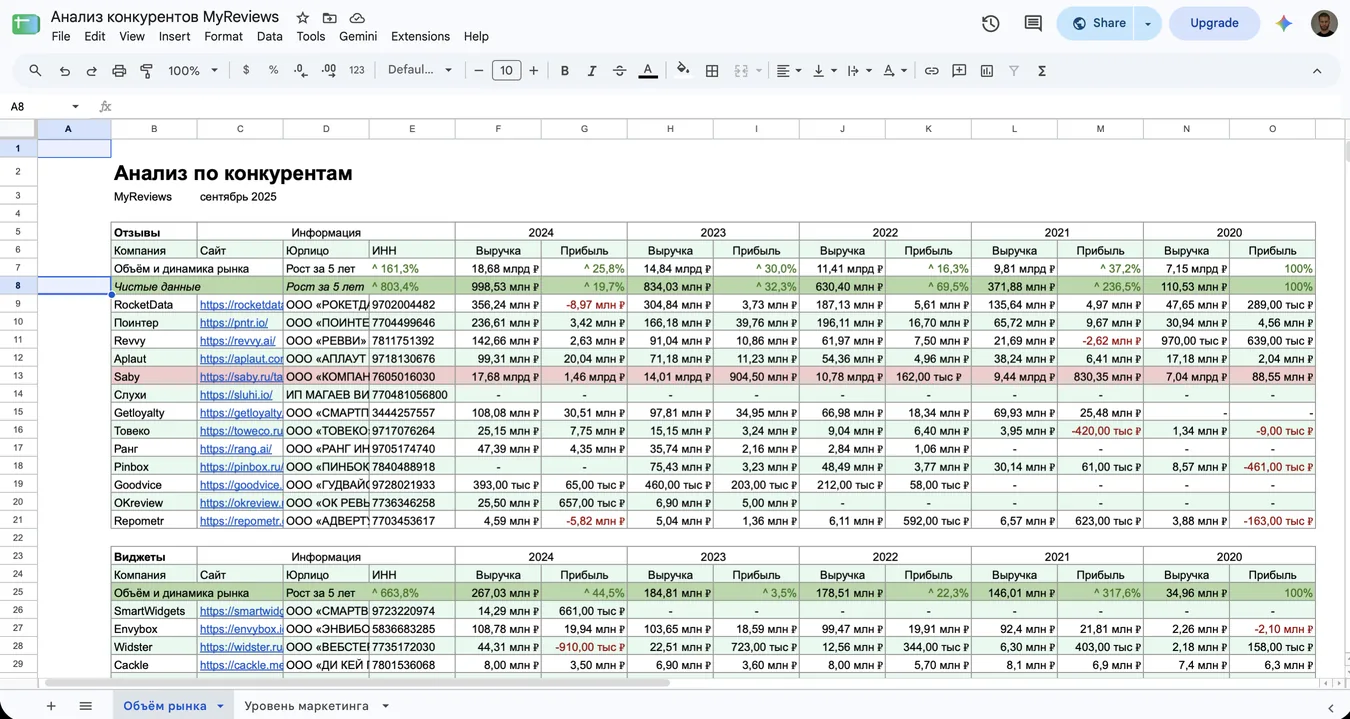 Competitor analysis table: revenue and profit of review and widget services from 2020 to 2024