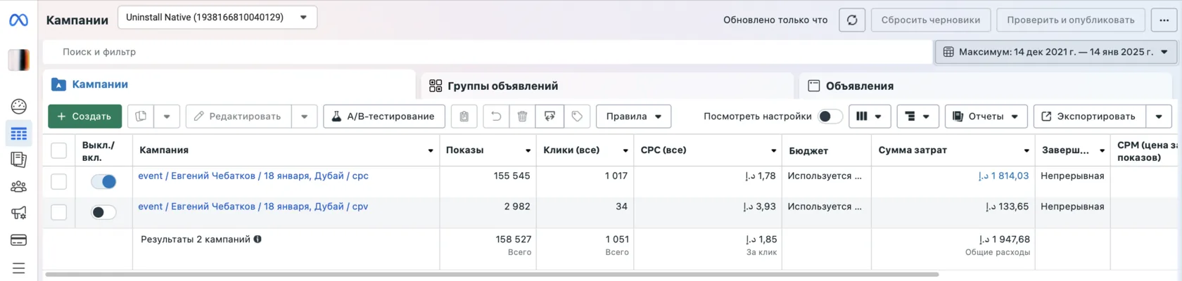 Кабинет Meta Ads: кампании под концерт Чебаткова 18 января в Дубае, показы, клики и расход