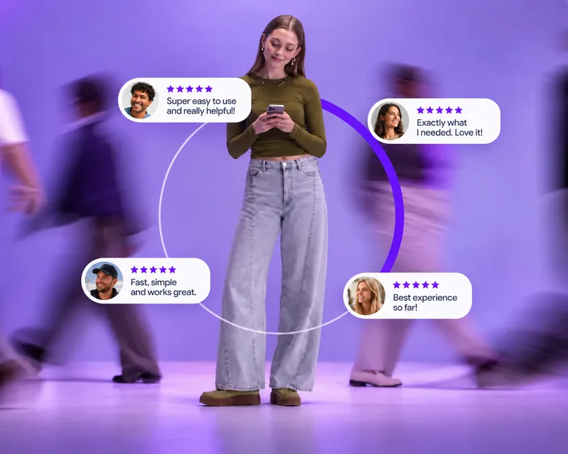 A young woman looks at her phone, surrounded by five-star reviews